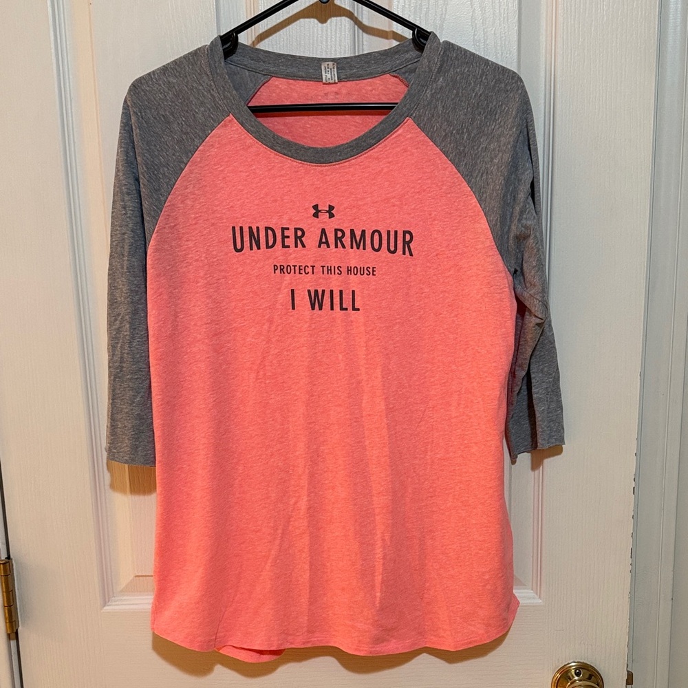 Under Armour Pink and Gray 3/4 Sleeve Activewear T-Shirt